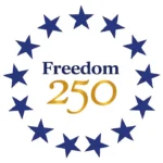 Circular arrangement of thirteen blue stars with the words "Freedom 250" in the center, "Freedom" in blue, "250" in gold, on a white background.